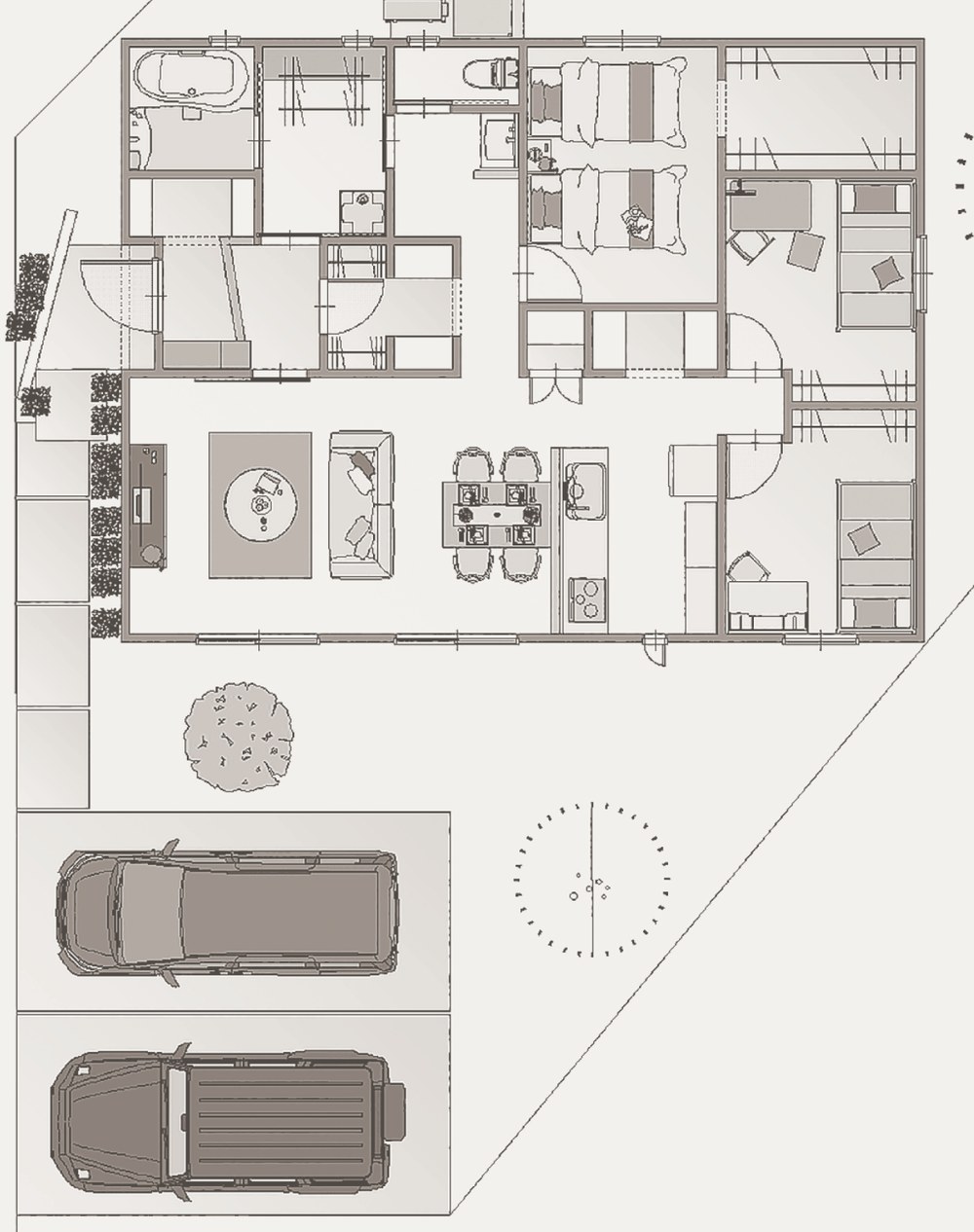 間取り図。3LDKの平屋と駐車2台分の敷地