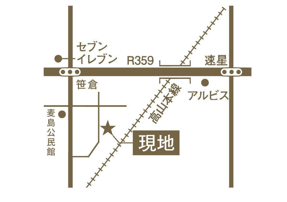 現地周辺の略図。R359、JR高山本線、セブン-イレブン、アルビスなどとの位置関係